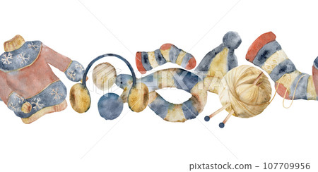 Hand drawn watercolor illustration. Knitted woolen clothes, accessories, sweater hat scarf socks, yarn ball with needles. Seamless banner isolated on white background. Shop, logo, print, paper, card Hand drawn watercolor illustration. Knitted woolen clothes, accessories, sweater hat scarf socks, yarn ball with needles. Seamless banner isolated on white background. Shop, logo, print, paper, card 107709956