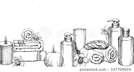 Hand drawn vector ink spa skincare bath beauty products package. Seamless horizontal banner. Isolated on white background. Design for wall art, wellness resort, print, fabric, cover, card, booklet. Hand drawn vector ink spa skincare bath beauty products package. Seamless horizontal banner. Isolated on white background. Design for wall art, wellness resort, print, fabric, cover, card, booklet. 107709959