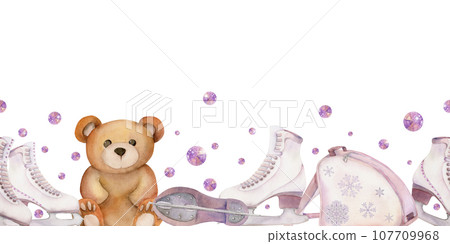 Hand drawn watercolor figure skating boots, winter sports, gold trophy medals, teddy bear. Illustration isolated seamless banner, white background. Design for poster, print, website, card, invitation Hand drawn watercolor figure skating boots, winter sports, gold trophy medals, teddy bear. Illustration isolated seamless banner, white background. Design for poster, print, website, card, invitation 107709968