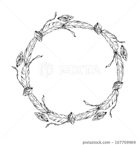Hand drawn ink vector bird feathers, gemstone crystals isolated circle wreath frame. Sketch illustration art witchcraft, esoteric, chemistry, alchemy. Design shops, logo, print, website, card, booklet 107709969