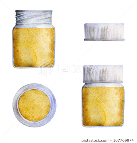 Watercolor hand drawn illustration, kids children paint materials supplies, yellow color bottle with cap, closed and opened. Single object isolated on white. For school, shop, party, cards, website 107709974