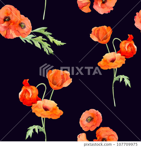 Watercolor seamless pattern with hand drawn summer bright red poppy flowers. Isolated on color background. Design for invitations, wedding, love or greeting cards, paper, print, textile 107709975