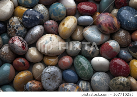 Multi colored stones turned by the sea with water. Neural network AI generated 107710285