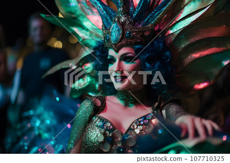 Woman in feather costume at carnival. Neural network AI generated 107710325
