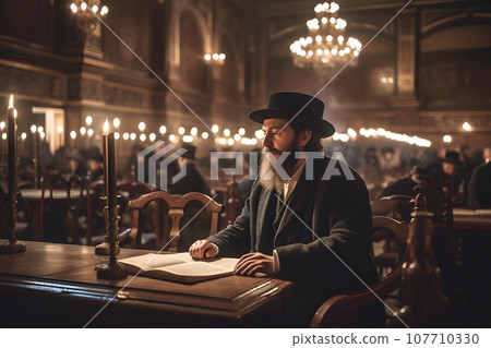 Orthodox Jew reads prayers in the temple. Neural network AI generated 107710330