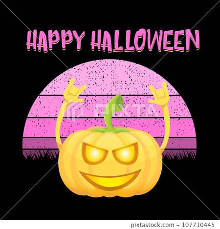 vector Halloween funky rock n roll style cartoon carved pumpkin character isolated on sunset background. Happy halloween party concept poster vector Halloween funky rock n roll style cartoon carved pumpkin character isolated on sunset background. Happy halloween party concept poster 107710445