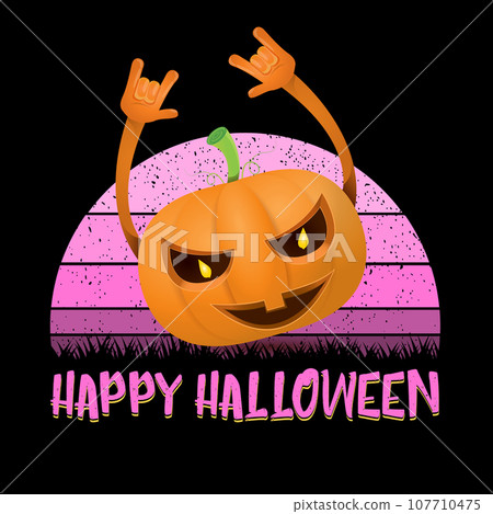 vector Halloween funky rock n roll style cartoon carved pumpkin character isolated on sunset background. Happy halloween party concept poster vector Halloween funky rock n roll style cartoon carved pumpkin character isolated on sunset background. Happy halloween party concept poster 107710475