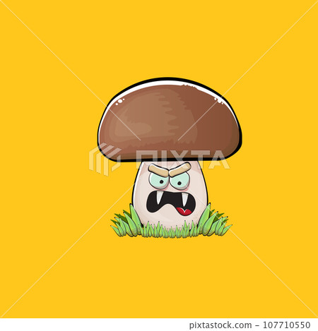 Cartoon mushroom characters isolated on orange background. Funky boletus character with eyes and mouth. Vector white mushroom with brown cap clip art, emoji, label and sticker Cartoon mushroom characters isolated on orange background. Funky boletus character with eyes and mouth. Vector white mushroom with brown cap clip art, emoji, label and sticker 107710550