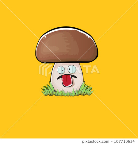 Cartoon mushroom characters isolated on orange background. Funky boletus character with eyes and mouth. Vector white mushroom with brown cap clip art, emoji, label and sticker Cartoon mushroom characters isolated on orange background. Funky boletus character with eyes and mouth. Vector white mushroom with brown cap clip art, emoji, label and sticker 107710634