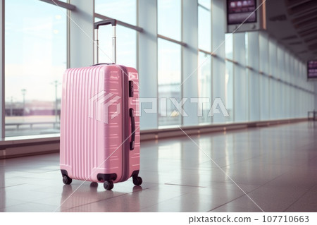 One pink plastic suitcase in airport in waiting area. Copy space. Generative AI One pink plastic suitcase in airport in waiting area. Copy space. Generative AI 107710663