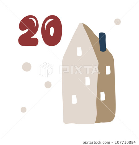 Christmas advent calendar with hand drawn house. Day twenty 20. Scandinavian style poster. Cute winter illustration for card, poster, kid room decor, nursery art Christmas advent calendar with hand drawn house. Day twenty 20. Scandinavian style poster. Cute winter illustration for card, poster, kid room decor, nursery art 107710884