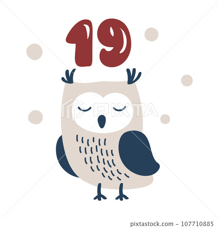 Christmas advent calendar with hand drawn owl. Day nineteen 19. Scandinavian style poster. Cute winter illustration for card, poster, kid room decor, nursery art Christmas advent calendar with hand drawn owl. Day nineteen 19. Scandinavian style poster. Cute winter illustration for card, poster, kid room decor, nursery art 107710885