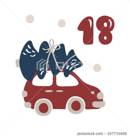 Christmas advent calendar hand drawn car with fir tree. Day eighteen 18. Scandinavian style poster. Cute winter illustration for card, poster, kid room decor, nursery art Christmas advent calendar hand drawn car with fir tree. Day eighteen 18. Scandinavian style poster. Cute winter illustration for card, poster, kid room decor, nursery art 107710886