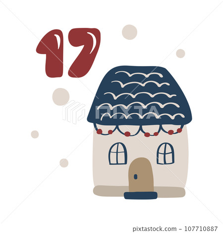 Christmas advent calendar with hand drawn house. Day seventeen 17. Scandinavian style poster. Cute winter illustration for card, poster, kid room decor, nursery art 107710887