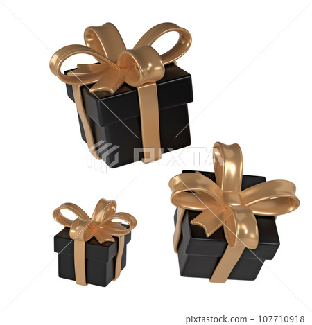 3d black Friday three gift boxes icon with golden ribbon bow on white background. Render Shop Sale modern holiday. Realistic icon for present shopping banner or poster 107710918