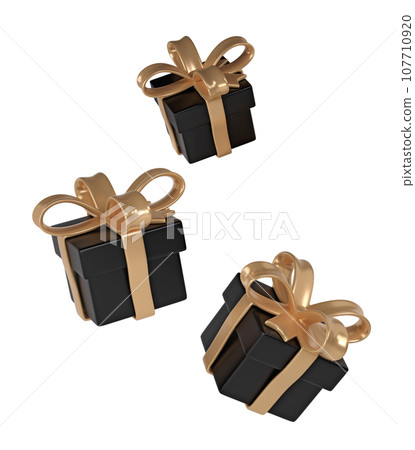 3d black Friday three gift boxes icon with golden ribbon bow on white background. Render Shop Sale modern holiday. Realistic icon for present shopping banner or poster 3d black Friday three gift boxes icon with golden ribbon bow on white background. Render Shop Sale modern holiday. Realistic icon for present shopping banner or poster 107710920