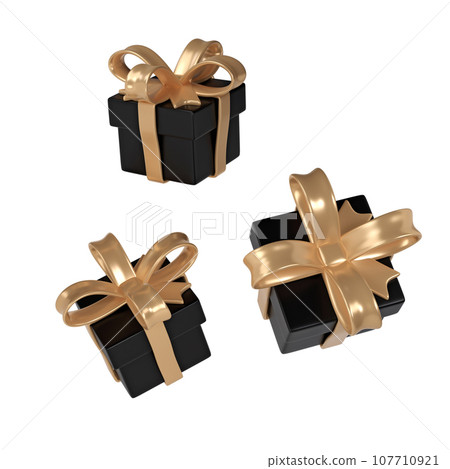 3d black Friday three gift boxes icon with golden ribbon bow on white background. Render Shop Sale modern holiday. Realistic icon for present shopping banner or poster 107710921