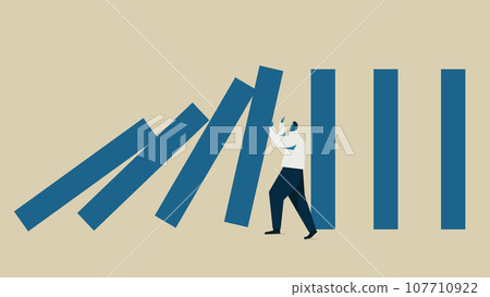 Businessman preventing dominoes from falling. Businessman preventing dominoes from falling. 107710922
