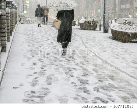Pedestrians on a snowy day in Tokyo 107711055