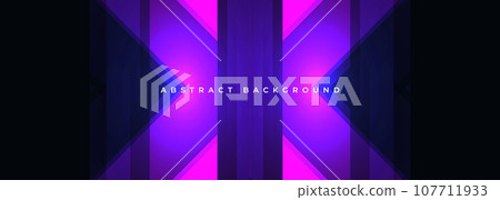 Black abstract background with glowing purple and pink geometric shapes in the middle. Wide futuristic illustration vector banner 107711933