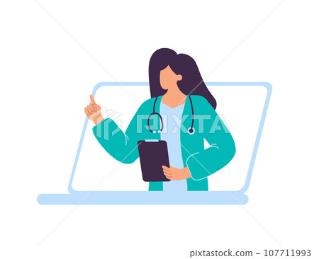 Female Character Doctor online in Laptop, Visiting doctor using online technology with Patient Files, Prescribing Medications. Cartoon People Flat Vector Illustration 107711993