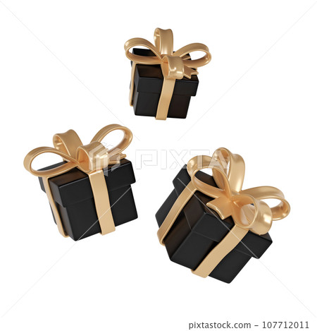 3d black Friday three gift boxes icon with golden ribbon bow on white background. Render Shop Sale modern holiday. Realistic icon for present shopping banner or poster 107712011