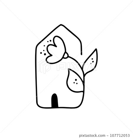 Eco House with flowers logo. Simple Calligraphy nature Vector bio Icon. Estate Architecture Construction for design. Art home vintage hand drawn green garden element 107712053