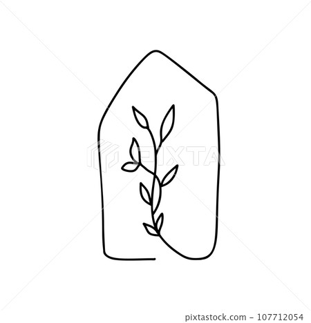 Eco House leaf logo. Simple Calligraphy nature Vector bio Icon. Estate Architecture Construction for design. Art home vintage hand drawn green garden element 107712054