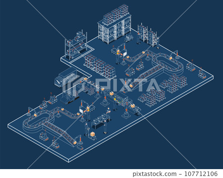 Intelligent warehouse technology concept with automated warehouse robots, autonomous robot transportation operations, and warehouse automation system. Vector illustration eps10 107712106
