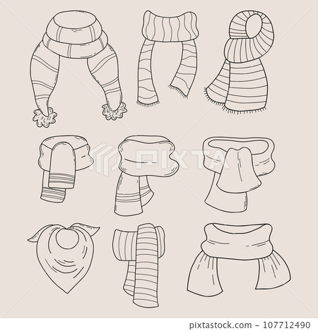 Collection doodle scarves and neckerchief. Vector illustration. Isolated Hand drawn outline drawing seasonal clothing 107712490