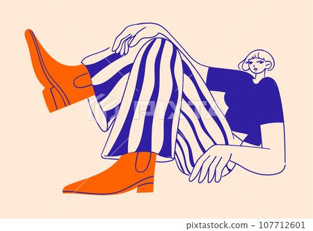 Stylish fashionable sitting woman with irregular body proportions in striped pants 107712601