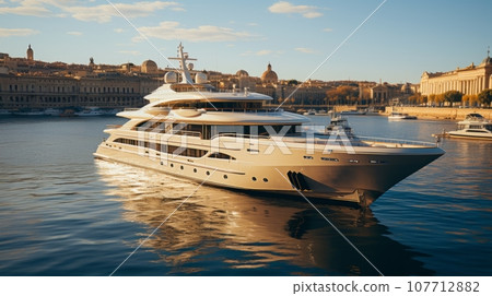 Luxury yacht moored in picturesque bay of beautiful ancient Mediterranean city. Ultra-modern megayacht reflected in water under the bright summer sun. Luxury tourism and romantic sea cruises concept. 107712882