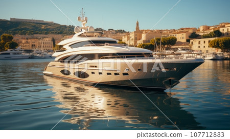 Luxury yacht moored in picturesque bay of beautiful ancient Mediterranean city. Ultra-modern megayacht reflected in water under the bright summer sun. Luxury tourism and romantic sea cruises concept. 107712883