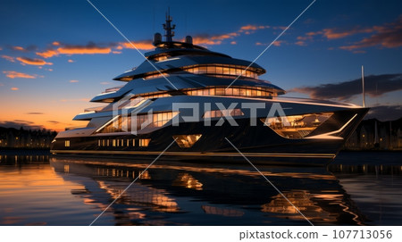 Luxury yacht moored in a picturesque bay in the evening light. A modern megayacht with a beautifully illuminated hull in the rays of the setting sun. Luxury tourism and romantic sea cruises concept. Luxury yacht moored in a picturesque bay in the evening light. A modern megayacht with a beautifully illuminated hull in the rays of the setting sun. Luxury tourism and romantic sea cruises concept. 107713056