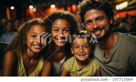 Cheerful multiracial family watching movie in cinema theater. Father, mother, daughter and son spending weekend together. Happy smiling parents and kids enjoying communication and shared leisure time. 107713064