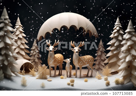 Cute deer and snow scene (3D) winter Cute deer and snow scene (3D) winter 107713085