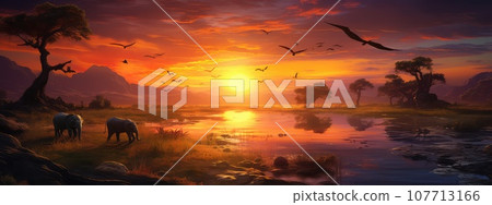 Wild savannah at sunset photo realistic illustration - Generative AI. Wild savannah at sunset photo realistic illustration - Generative AI. 107713166