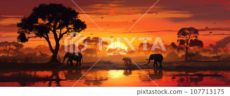 Wild savannah at sunset photo realistic illustration - Generative AI. 107713175