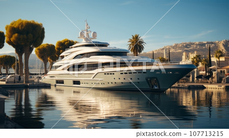 Luxury yacht moored in picturesque bay of beautiful ancient Mediterranean city. Ultra-modern megayacht reflected in water under the bright summer sun. Luxury tourism and romantic sea cruises concept. Luxury yacht moored in picturesque bay of beautiful ancient Mediterranean city. Ultra-modern megayacht reflected in water under the bright summer sun. Luxury tourism and romantic sea cruises concept. 107713215