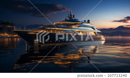 Luxury yacht moored in a picturesque bay in the evening light. A modern megayacht with a beautifully illuminated hull in the rays of the setting sun. Luxury tourism and romantic sea cruises concept. Luxury yacht moored in a picturesque bay in the evening light. A modern megayacht with a beautifully illuminated hull in the rays of the setting sun. Luxury tourism and romantic sea cruises concept. 107713240