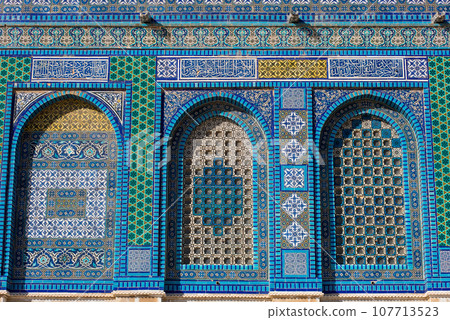 Arabic mosaic tile details on al-Aqsa mosque, Dome of the Rock Arabic mosaic tile details on al-Aqsa mosque, Dome of the Rock 107713523