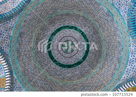 Arabic mosaic tile details on al-Aqsa mosque, Dome of the Rock Arabic mosaic tile details on al-Aqsa mosque, Dome of the Rock 107713524