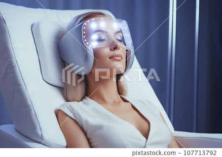 Woman with led light therapy facial beauty mask, photon therapy. Cosmetic procedure for woman face, LED facial mask treatment. Professional cosmetology anti-aging procedure. Skin care, spa and health. Woman with led light therapy facial beauty mask, photon therapy. Cosmetic procedure for woman face, LED facial mask treatment. Professional cosmetology anti-aging procedure. Skin care, spa and health. 107713792