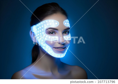 Woman with led light therapy facial beauty mask, photon therapy. Cosmetic procedure for woman face, LED facial mask treatment. Professional cosmetology anti-aging procedure. Skin care, spa and health. Woman with led light therapy facial beauty mask, photon therapy. Cosmetic procedure for woman face, LED facial mask treatment. Professional cosmetology anti-aging procedure. Skin care, spa and health. 107713796