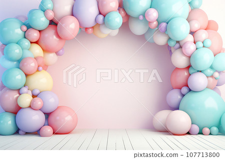 Helium balloons arch on pastel background. Wall decorated with colorful balloons for birthday party, baby shower, wedding. Mockup, template for greeting card. Composition with balloons, space for text 107713800