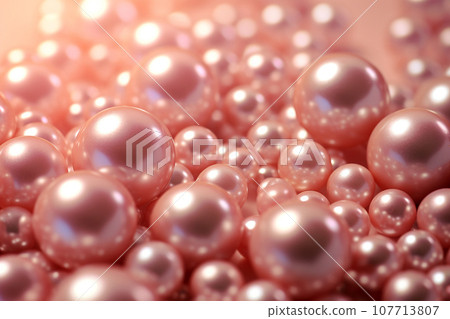 Pearls background. Pile of large pink pearls closeup. Pearl texture 107713807