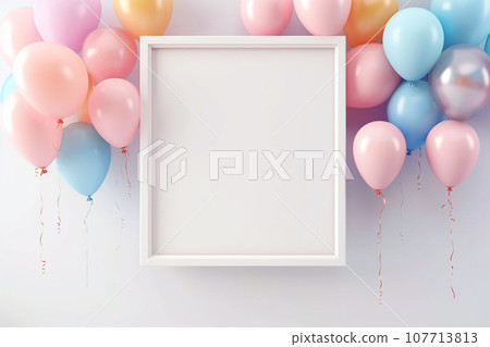 Empty white frame with balloons. Birthday, holiday celebration background, mockup, template. Blank frame surrounded by colorful helium balloons. Party greetings card, poster for anniversary or photo Empty white frame with balloons. Birthday, holiday celebration background, mockup, template. Blank frame surrounded by colorful helium balloons. Party greetings card, poster for anniversary or photo 107713813