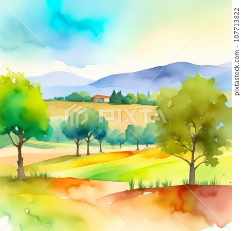 Olive plantation with old olive trees in Italy watercolor illustration. Summer landscape. 107713822