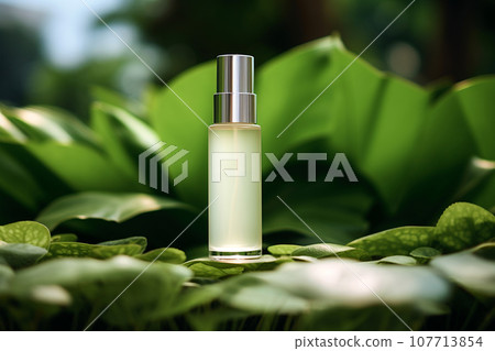 Green cosmetics, bottle of cosmetic serum or moisturizer on nature background. Organic natural ingredients beauty product among green plants. Skin care, beauty and spa product presentation, copy space 107713854