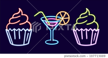set cocktail bar glowing desktop icon, neon cupcake sticker, neon dessert figure, glowing figure, neon cafe geometrical figures set cocktail bar glowing desktop icon, neon cupcake sticker, neon dessert figure, glowing figure, neon cafe geometrical figures 107713889